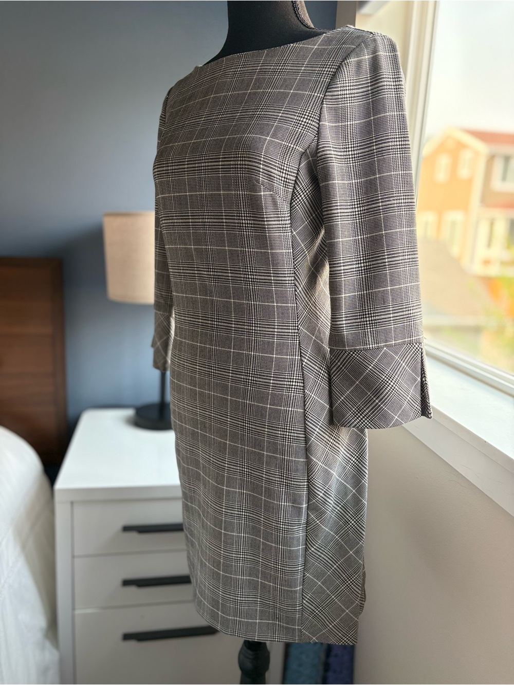 H&M Glen Check Plaid Houndstooth Ballet Neck 3/4 Sleeve A-Line Shift Mini Dress - Picture 5 of 15
